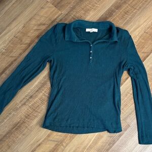 LOFT Teal Ribbed Button-Up Top